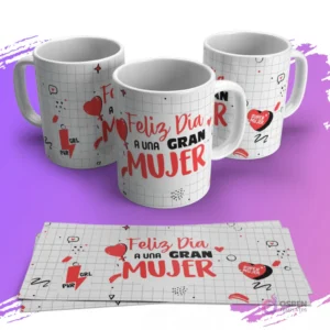 Tazas con diseño 'Feliz Día a una Gran Mujer' sobre fondo cuadriculado, con corazón y elementos de 'GRL PWR'.