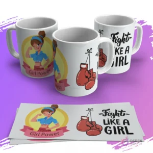 Mugs con diseño de mujer moderna flexionando brazo con banner 'Girl Power' y guantes de boxeo con 'Fight Like a Girl'.