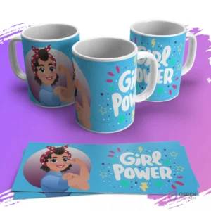 Mugs con diseño de mujer 'Rosie the Riveter' sobre fondo azul brillante y 'Girl Power' con estrellas.