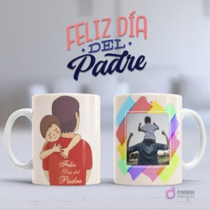 Mockup taza sublimada Día del Padre con ilustración emotiva de padre e hijo abrazándose y espacio para foto personalizada con marco abstracto