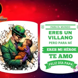 Taza de sublimación con El Acertijo (The Riddler) de DC sosteniendo a un bebé, y mensaje 'Eres mi Héroe Papá'