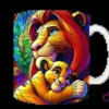 Mockup de taza blanca con diseño de Mufasa y Simba abrazándose en estilo vitral, fondo oscuro con luces de neón 'PAPÁS DIVERTIDOS'.