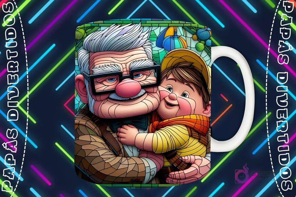 Mockup de taza blanca con diseño de Carl Fredricksen abrazando a Russell de Up en estilo vitral, fondo oscuro con luces de neón 'PAPÁS DIVERTIDOS'. Mockup de taza blanca con diseño de Carl Fredricksen abrazando a Russell de Up en estilo vitral, fondo oscuro con luces de neón 'PAPÁS DIVERTIDOS'.
