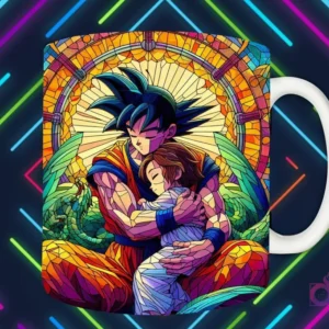 Mockup de taza blanca con diseño de Goku abrazando a un niño (Gohan/Goten) en estilo vitral, fondo oscuro con luces de neón 'PAPÁS DIVERTIDOS'.