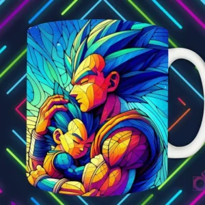 Mockup de taza blanca con diseño de Vegeta abrazando a Trunks en estilo vitral, fondo oscuro con luces de neón 'PAPÁS DIVERTIDOS'.