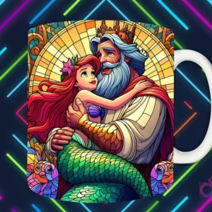 Mockup de taza blanca con diseño del Rey Tritón abrazando a Ariel de La Sirenita en estilo vitral, fondo oscuro con luces de neón 'PAPÁS DIVERTIDOS'.