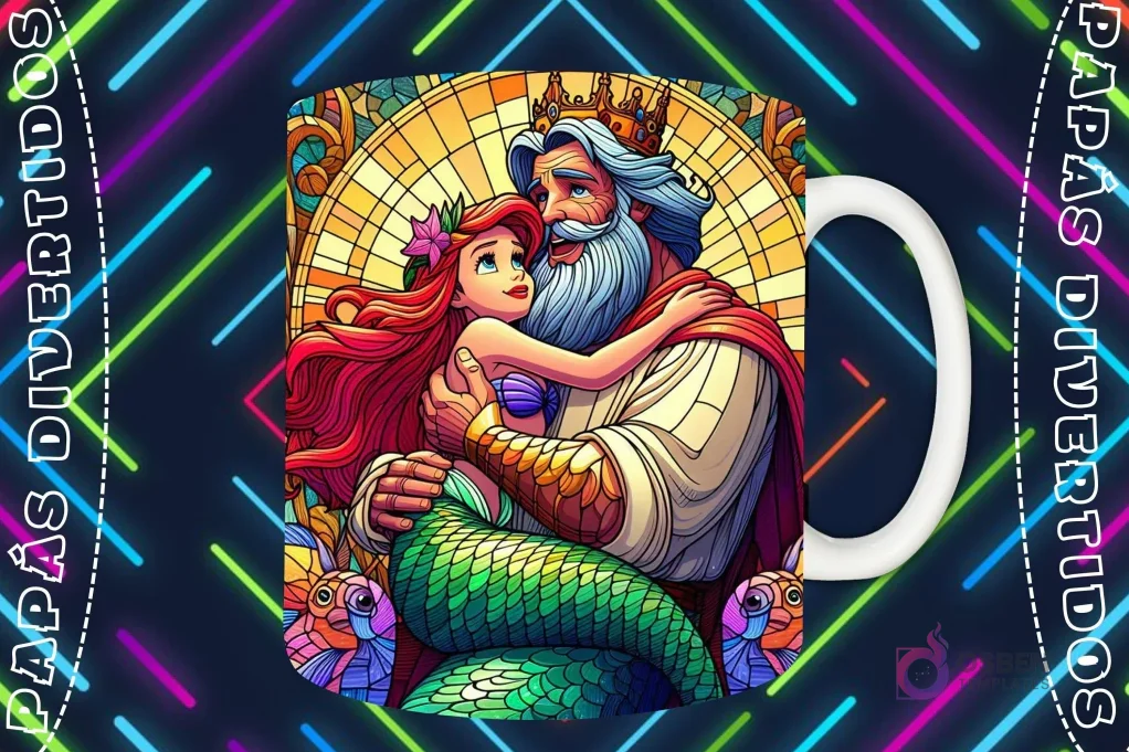 Mockup de taza blanca con diseño del Rey Tritón abrazando a Ariel de La Sirenita en estilo vitral, fondo oscuro con luces de neón 'PAPÁS DIVERTIDOS'. Mockup de taza blanca con diseño del Rey Tritón abrazando a Ariel de La Sirenita en estilo vitral, fondo oscuro con luces de neón 'PAPÁS DIVERTIDOS'.