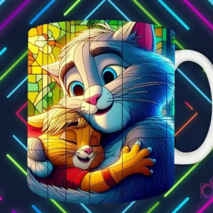 Mockup de taza blanca con diseño de Tom el gato abrazando a Jerry el ratón en estilo vitral, fondo oscuro con luces de neón 'PAPÁS DIVERTIDOS'.