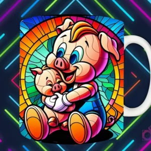 Mockup de taza blanca con diseño de puerco padre abrazando a puerco hijo en estilo vitral, fondo oscuro con luces de neón 'PAPÁS DIVERTIDOS'.