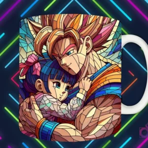Mockup de taza blanca con diseño de Goku abrazando a una niña de pelo azul en estilo vitral, fondo oscuro con luces de neón 'PAPÁS DIVERTIDOS'.