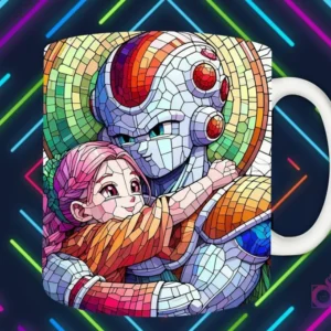 Mockup de taza blanca con diseño de Freezer abrazando a una niña de pelo rosa en estilo vitral, fondo oscuro con luces de neón 'PAPÁS DIVERTIDOS'.