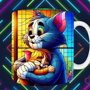 Mockup de taza blanca con diseño de Tom el gato abrazando a Jerry el ratón en estilo vitral, fondo oscuro con luces de neón 'PAPÁS DIVERTIDOS'.