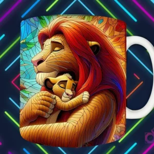 Mockup de taza blanca con diseño de Mufasa abrazando a Simba en estilo vitral, ambos con ojos cerrados, fondo oscuro con luces de neón 'PAPÁS DIVERTIDOS'.