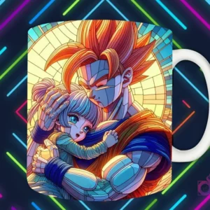Mockup de taza blanca con diseño de Goku abrazando tiernamente a una niña pequeña en estilo vitral, fondo oscuro con luces de neón 'PAPÁS DIVERTIDOS'.