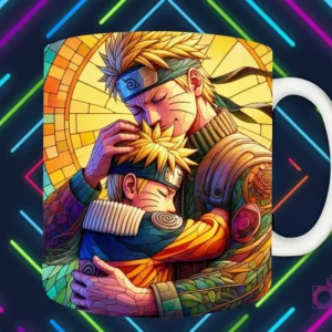 Mockup de taza blanca con diseño de Naruto adulto abrazando a Naruto niño (Boruto) en estilo vitral, fondo oscuro con luces de neón 'PAPÁS DIVERTIDOS'.