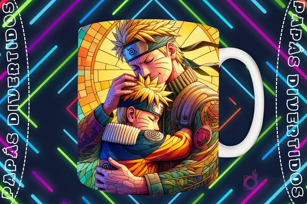 Mockup de taza blanca con diseño de Naruto adulto abrazando a Naruto niño (Boruto) en estilo vitral, fondo oscuro con luces de neón 'PAPÁS DIVERTIDOS'. Mockup de taza blanca con diseño de Naruto adulto abrazando a Naruto niño (Boruto) en estilo vitral, fondo oscuro con luces de neón 'PAPÁS DIVERTIDOS'.