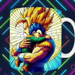 Mockup de taza blanca con diseño de Vegeta en su forma Super Saiyajin abrazando a Trunks en estilo vitral, fondo oscuro con luces de neón 'PAPÁS DIVERTIDOS'.