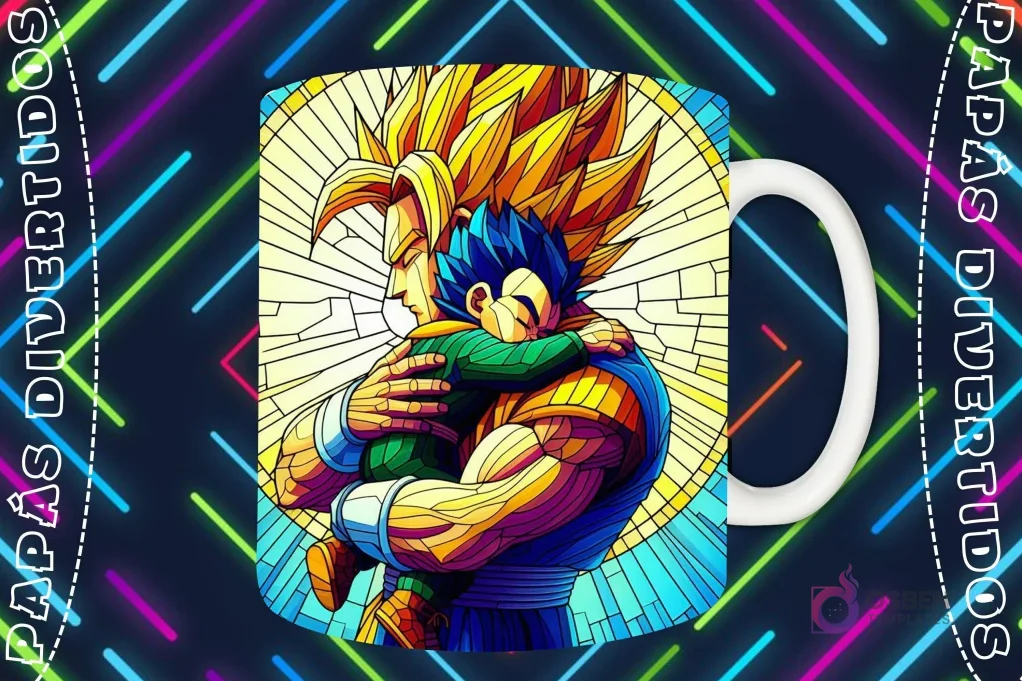 Mockup de taza blanca con diseño de Vegeta en su forma Super Saiyajin abrazando a Trunks en estilo vitral, fondo oscuro con luces de neón 'PAPÁS DIVERTIDOS'. Mockup de taza blanca con diseño de Vegeta en su forma Super Saiyajin abrazando a Trunks en estilo vitral, fondo oscuro con luces de neón 'PAPÁS DIVERTIDOS'.