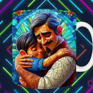 Mockup de taza blanca con diseño de Héctor Rivero y Miguel de Coco abrazándose en estilo vitral, fondo oscuro con luces de neón 'PAPÁS DIVERTIDOS'.