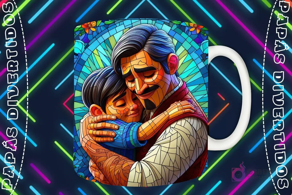 Mockup de taza blanca con diseño de Héctor Rivero y Miguel de Coco abrazándose en estilo vitral, fondo oscuro con luces de neón 'PAPÁS DIVERTIDOS'. Mockup de taza blanca con diseño de Héctor Rivero y Miguel de Coco abrazándose en estilo vitral, fondo oscuro con luces de neón 'PAPÁS DIVERTIDOS'.