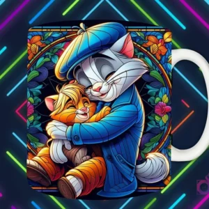 Mockup de taza blanca con diseño de gato padre con gorro abrazando a un gatito en estilo vitral, fondo oscuro con luces de neón 'PAPÁS DIVERTIDOS'.