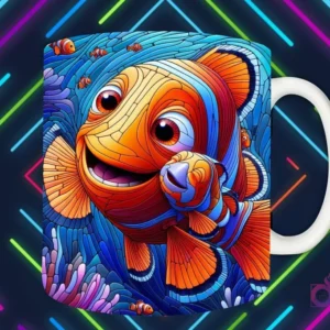 Mockup de taza blanca con diseño de pez payaso adulto y pez payaso bebé (Nemo) nadando entre anémonas en estilo vitral, fondo marino oscuro con luces de neón 'PAPÁS DIVERTIDOS'.