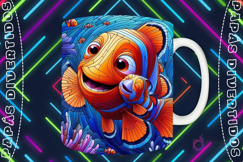 Mockup de taza blanca con diseño de pez payaso adulto y pez payaso bebé (Nemo) nadando entre anémonas en estilo vitral, fondo marino oscuro con luces de neón 'PAPÁS DIVERTIDOS'. Mockup de taza blanca con diseño de pez payaso adulto y pez payaso bebé (Nemo) nadando entre anémonas en estilo vitral, fondo marino oscuro con luces de neón 'PAPÁS DIVERTIDOS'.