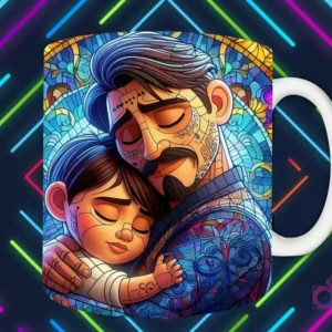 Mockup de taza blanca con diseño de Héctor Rivero y Miguel de Coco abrazándose tiernamente en estilo vitral, fondo oscuro con luces de neón 'PAPÁS DIVERTIDOS'.