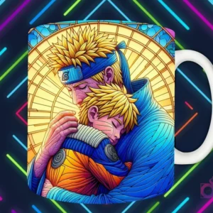 Mockup de taza blanca con diseño de Naruto adulto abrazando a Boruto en estilo vitral, fondo oscuro con luces de neón 'PAPÁS DIVERTIDOS'.
