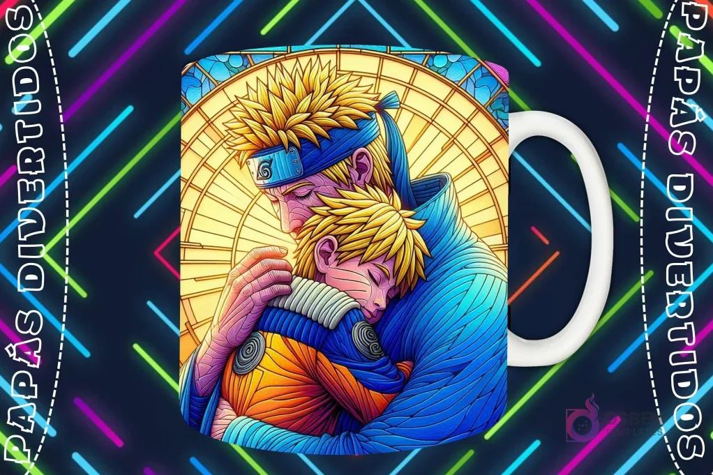 Mockup de taza blanca con diseño de Naruto adulto abrazando a Boruto en estilo vitral, fondo oscuro con luces de neón 'PAPÁS DIVERTIDOS'. Mockup de taza blanca con diseño de Naruto adulto abrazando a Boruto en estilo vitral, fondo oscuro con luces de neón 'PAPÁS DIVERTIDOS'.