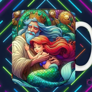 Mockup de taza blanca con diseño del Rey Tritón abrazando a Ariel, quien lo mira feliz, en estilo vitral, fondo oscuro con luces de neón 'PAPÁS DIVERTIDOS'.