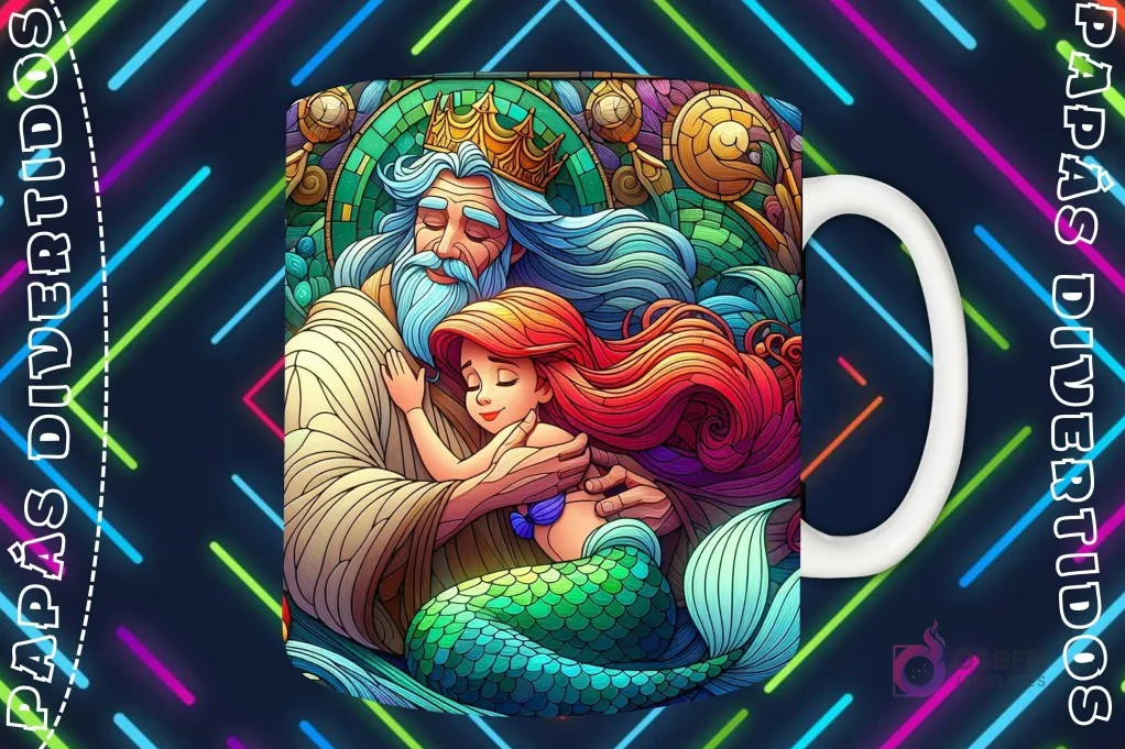 Mockup de taza blanca con diseño del Rey Tritón abrazando a Ariel, quien lo mira feliz, en estilo vitral, fondo oscuro con luces de neón 'PAPÁS DIVERTIDOS'. Mockup de taza blanca con diseño del Rey Tritón abrazando a Ariel, quien lo mira feliz, en estilo vitral, fondo oscuro con luces de neón 'PAPÁS DIVERTIDOS'.