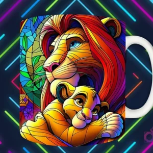 Mockup de taza blanca con diseño de Mufasa abrazando a Simba en estilo vitral, Simba mirando a Mufasa, fondo oscuro con luces de neón 'PAPÁS DIVERTIDOS'.