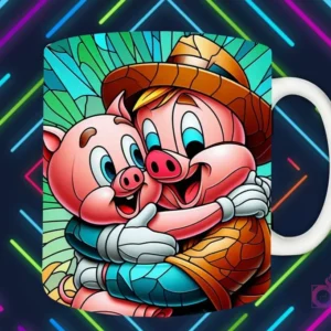 Mockup de taza blanca con diseño de puerco padre granjero abrazando a puerco hijo en estilo vitral, fondo oscuro con luces de neón 'PAPÁS DIVERTIDOS'.