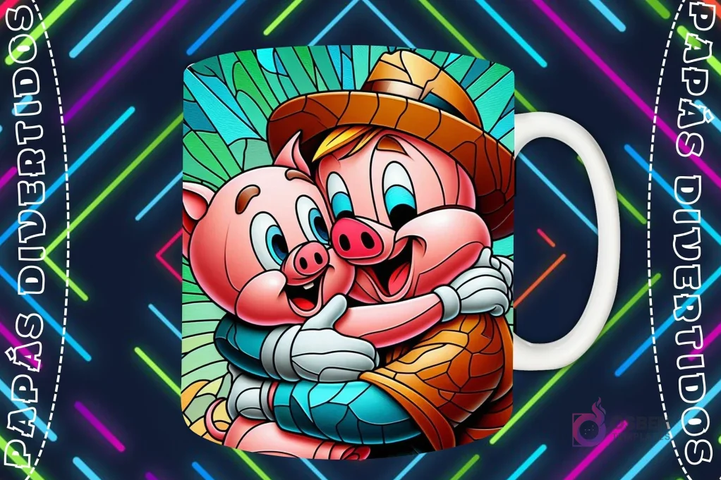 Mockup de taza blanca con diseño de puerco padre granjero abrazando a puerco hijo en estilo vitral, fondo oscuro con luces de neón 'PAPÁS DIVERTIDOS'. Mockup de taza blanca con diseño de puerco padre granjero abrazando a puerco hijo en estilo vitral, fondo oscuro con luces de neón 'PAPÁS DIVERTIDOS'.