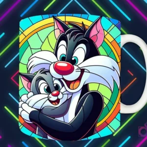 Mockup de taza blanca con diseño de Silvestre el gato abrazando a Silvestre Jr. en estilo vitral, fondo oscuro con luces de neón 'PAPÁS DIVERTIDOS'.