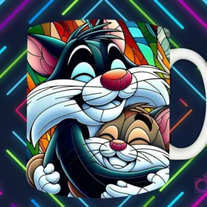 Mockup de taza blanca con diseño de gato padre y gato pequeño (personajes de estilo clásico) abrazándose en estilo vitral, fondo oscuro con luces de neón 'PAPÁS DIVERTIDOS'.