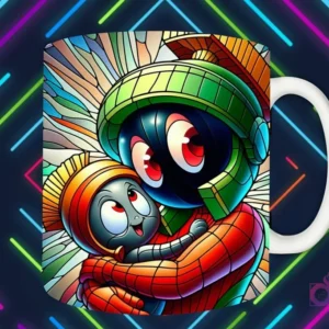 Mockup de taza blanca con diseño de Marvin el Marciano abrazando a un pequeño alienígena en estilo vitral, fondo oscuro con luces de neón 'PAPÁS DIVERTIDOS'.