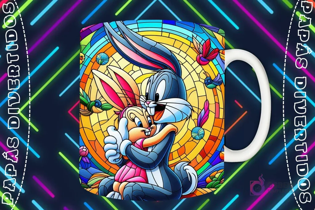 Mockup de taza blanca con diseño de Bugs Bunny abrazando a Lola Bunny en estilo vitral, con mariposas y pájaros, fondo oscuro con luces de neón 'PAPÁS DIVERTIDOS'. Mockup de taza blanca con diseño de Bugs Bunny abrazando a Lola Bunny en estilo vitral, con mariposas y pájaros, fondo oscuro con luces de neón 'PAPÁS DIVERTIDOS'.