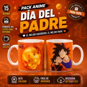 Banner principal pack 15 plantillas tazas Día del Padre Anime Cómic, con diseños Dragon Ball Z de Goku y Gohan, mockups, JPG, descarga inmediata y alta calidad