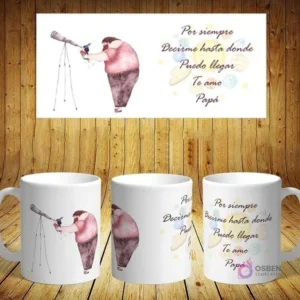 Plantilla de sublimación para taza del Día del Padre con diseño de papá con telescopio y niño. Mensaje: 'Por siempre Decirme hasta donde Puedo llegar'.
