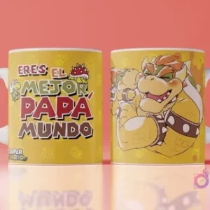 Mockup de taza con diseño para el Día del Padre de Bowser y Bowser Jr. abrazándose, frase 'Eres el mejor papá del mundo', fondo amarillo de Super Mario