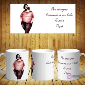 Plantilla de sublimación para taza del Día del Padre con diseño de papá con gorra y manos en bolsillos. Mensaje: 'Por siempre Caminar a mi lado'.