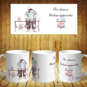 Plantilla de sublimación para taza del Día del Padre con diseño de papá chef con gorro preparando dulces. Mensaje: 'Por darme Dulces recuerdos'.