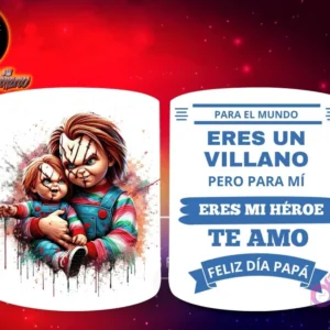 Taza de sublimación con Chucky de Child's Play sosteniendo a un bebé Chucky, y mensaje 'Eres mi Héroe Papá'