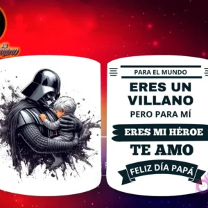 Taza de sublimación con Darth Vader de Star Wars sosteniendo a un bebé, y mensaje 'Eres mi Héroe Papá'