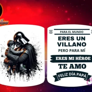 Taza de sublimación con Darth Vader de Star Wars abrazando a un bebé, y mensaje 'Eres mi Héroe Papá'