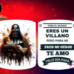 Taza de sublimación con Darth Vader de Star Wars sosteniendo suavemente a un bebé, y mensaje 'Eres mi Héroe Papá'