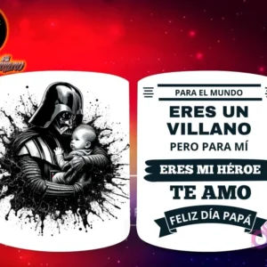 Taza de sublimación con Darth Vader de Star Wars en silueta oscura sosteniendo a un bebé, con fondo de salpicaduras negras, y mensaje 'Eres mi Héroe Papá'