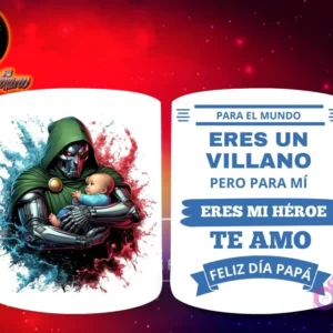 Taza de sublimación con Dr. Doom de Marvel sosteniendo a un bebé, y mensaje 'Eres mi Héroe Papá'